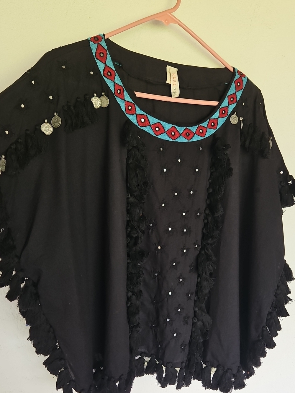Raga Boho Black Embellished Fringe Top with Turquoise Trim Coin Accents Size M